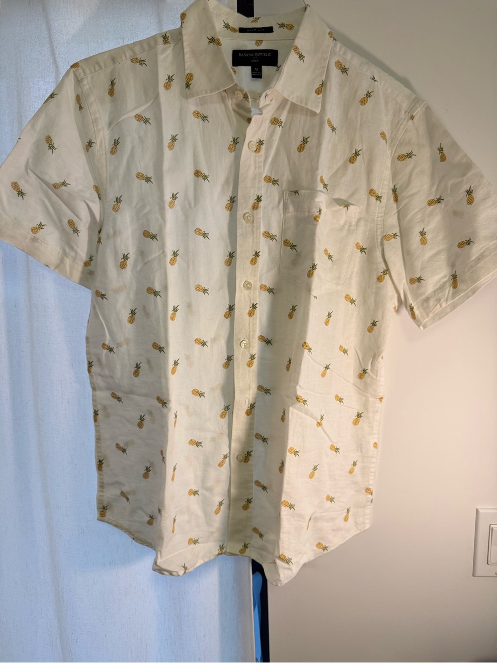 Banana Republic Men's White Linen Pineapple Print Short-Sleeve Shirt - Size M